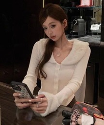 ファーカラーファースリーブタイトニットカーディガン