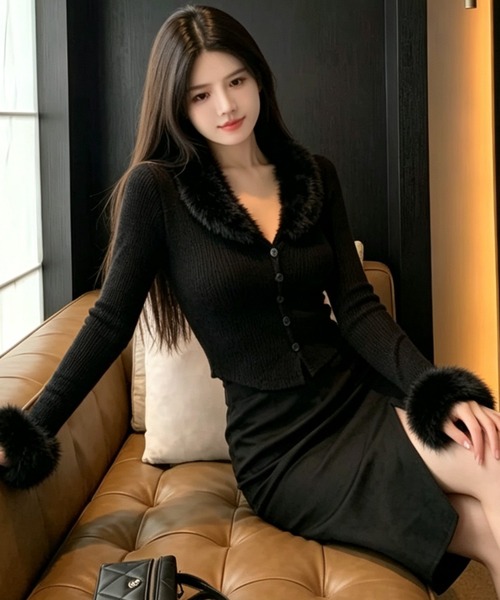 AVYL(アヴィル)の「ファーカラーファースリーブタイトニットカーディガン(ニット/セーター・レディース・ピンク/ホワイト/ブラック・M)」の10枚目の写真