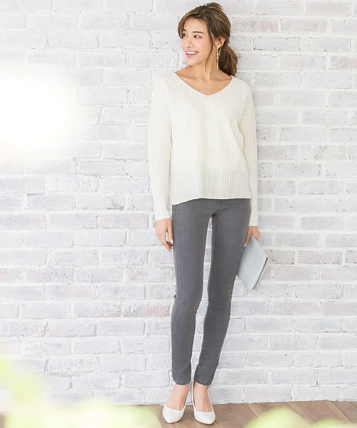 Re:EDIT（リエディ）の「[CHICMUSE]ノンウォッシュタイプソフト起毛デニムパンツ（デニムパンツ・レディース・ネイビー/ブルー/グレー/ブラック・SMALL/LARGE/MEDIUM/X-SMALL/X-LARGE/XXX-LARGE/XX-LARGE）」の12枚目の写真