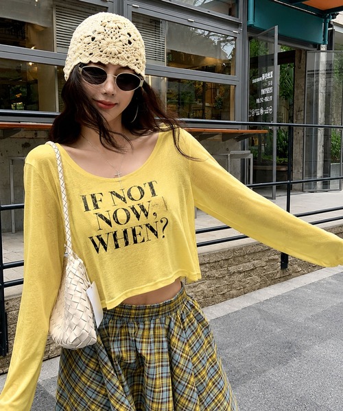 VIBGYOR(ヴィブジョー)の「【EIZZ/アイズ】ヴィンテージ風 クラックロゴ クロップド シアー長袖Tシャツ / ロンT(Tシャツ/カットソー・レディース・ホワイト/ブラック/イエロー・FREE)」の14枚目の写真