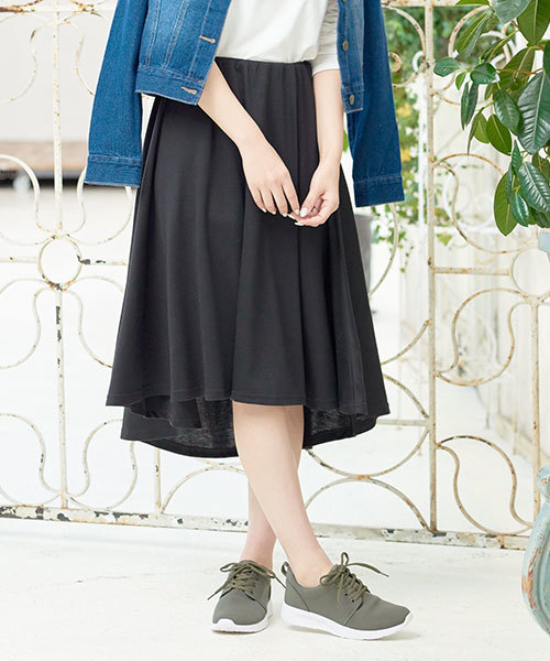 KOBE LETTUCE（コウベレタス）の「愛らしい美ラインシルエット♪[イレギュラーヘム]ポンチフレアスカート/ボトムス/イレヘム/神戸レタス[M1767]（スカート・レディース・ピンク/ホワイト系その他/ベージュ系その他/ブラック/サックスブルー/ライトブルー/ピンク系その他/ブラック系その他/ベージュ/ネイビー/オフホワイト/グレー/グレー系その他/ブルー系その他/パープル系その他/パープル・FREE）」の4枚目の写真