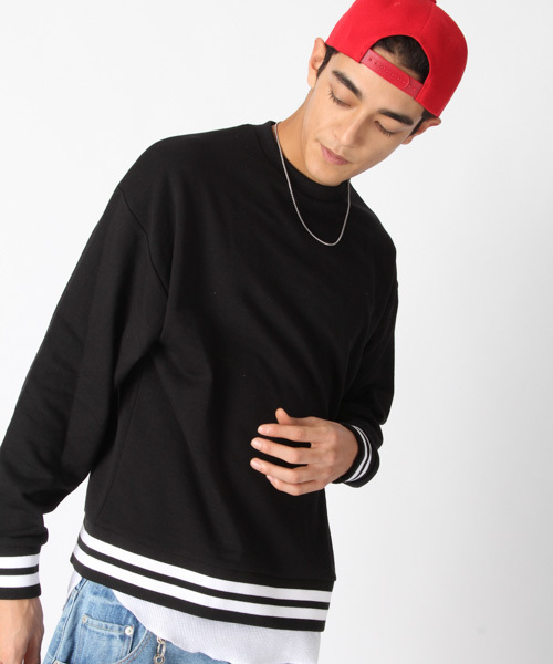 kutir(クティール)の「LINE RIB SWEAT / ラインリブ裏毛プルオーバー トレーナー(スウェット・メンズ・ホワイト/ブラック/レッド・MEDIUM/LARGE)」の1枚目の写真