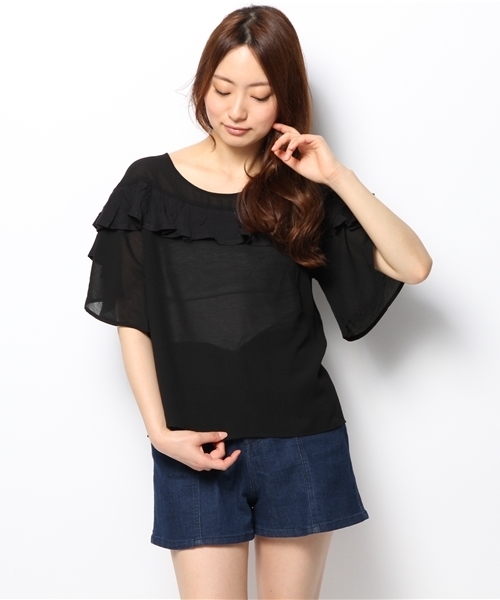 mystic（ミスティック）の「フレアSLフリルブラウス（シャツ/ブラウス・レディース・ミント/ベージュ/ピンク/ブラック/オフホワイト・ﾌﾘ-）」の12枚目の写真