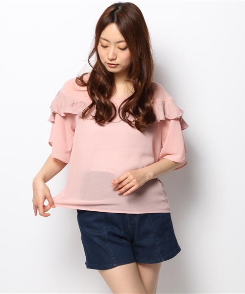 mystic（ミスティック）の「フレアSLフリルブラウス（シャツ/ブラウス・レディース・ミント/ベージュ/ピンク/ブラック/オフホワイト・ﾌﾘ-）」の14枚目の写真