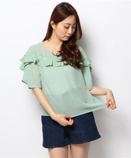 mystic（ミスティック）の「フレアSLフリルブラウス（シャツ/ブラウス・レディース・ミント/ベージュ/ピンク/ブラック/オフホワイト・ﾌﾘ-）」の15枚目の写真