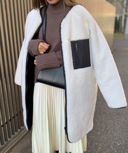 KOBE LETTUCE（コウベレタス）の「スタンドカラー・ノーカラー2typeリバーシブルロングボアフリースブルゾンコート（ブルゾン・レディース・ホワイト系その他2/ホワイト系その他3/ブラウン系その他/ブラック系その他/アイボリー/ホワイト系その他/ブラウン/ブラック・2/1）」の13枚目の写真