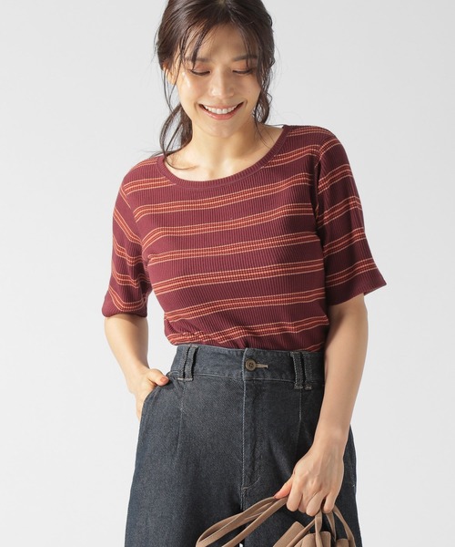 BAYFLOW(ベイフロー)の「マルチボーダーリブプルオーバー(Tシャツ/カットソー・レディース・ボルドー/グリーン・SMALL/MEDIUM)」の2枚目の写真