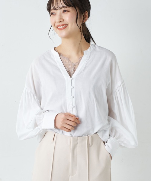 earth music&ecology（アースミュージックアンドエコロジー）の「ボリュームスリーブブラウス ＊（シャツ/ブラウス・レディース・オフホワイト/ミント/ラベンダー/ストライプ・FREE）」の2枚目の写真