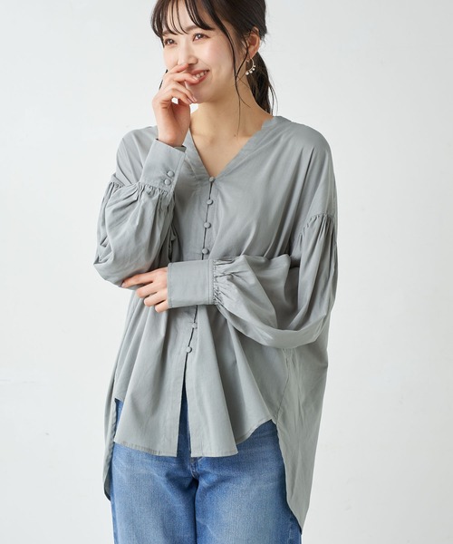 earth music&ecology（アースミュージックアンドエコロジー）の「ボリュームスリーブブラウス ＊（シャツ/ブラウス・レディース・オフホワイト/ミント/ラベンダー/ストライプ・FREE）」の3枚目の写真