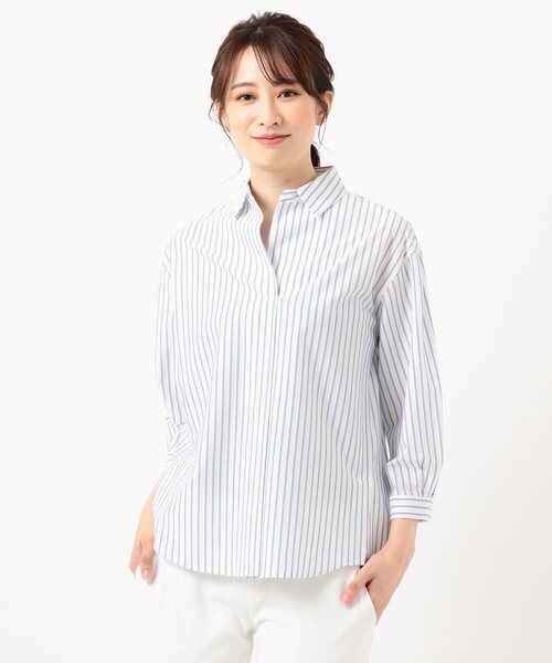 J.PRESS Ladies（J.プレス レディス）の「ストライプジャージー スキッパーネック カットソー（Tシャツ/カットソー・レディース・サックスブルー系2/サックスブルー系1/ホワイト系1/ブラウン系2・SMALL）」の2枚目の写真