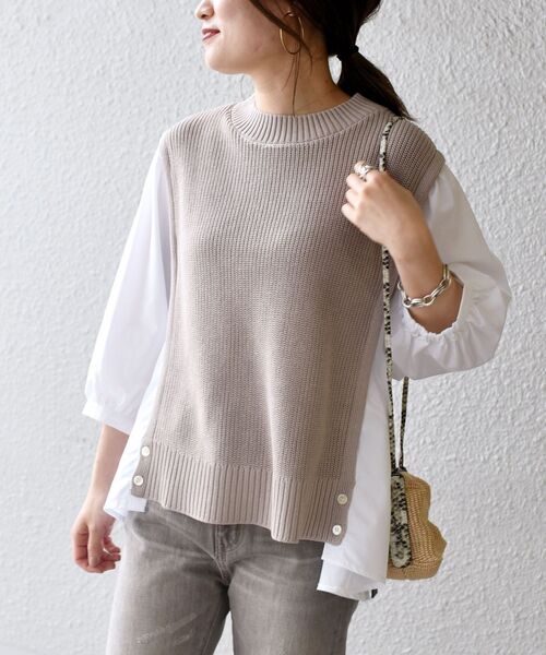 SHIPS(シップス)の「ニットコンビ7分袖シャツ(シャツ/ブラウス・レディース・ライトグレー/ネイビー・ONE SIZE)」の13枚目の写真