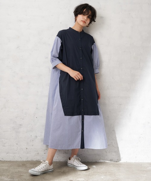 Editt by YECCA VECCA（エディットバイイェッカヴェッカ）の「・ストライプ切替デザインワンピース＊（ワンピース・レディース・ネイビー/カーキ・FREE）」の2枚目の写真