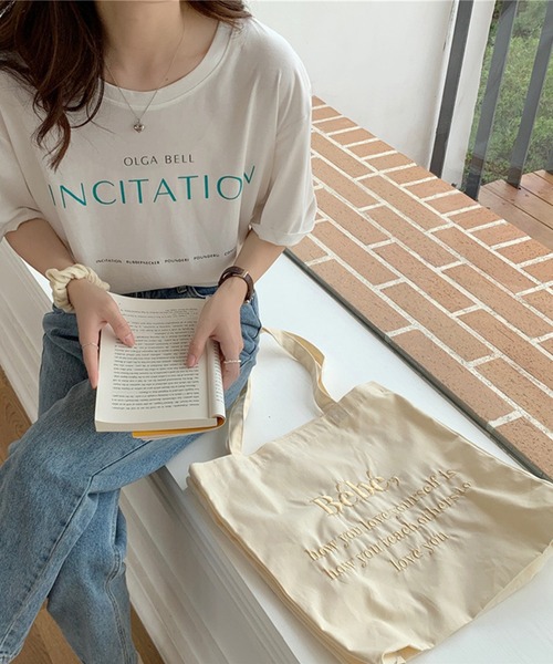 Jasmine Grandiflorum(ジャスミングランディフローラム)の「同色ロゴ刺繍パステルトートバッグ(トートバッグ・レディース・ベージュ/パープル/ピンク/ブルー・FREE)」の9枚目の写真