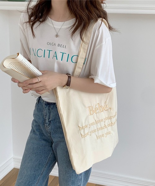 Jasmine Grandiflorum(ジャスミングランディフローラム)の「同色ロゴ刺繍パステルトートバッグ(トートバッグ・レディース・ベージュ/パープル/ピンク/ブルー・FREE)」の10枚目の写真