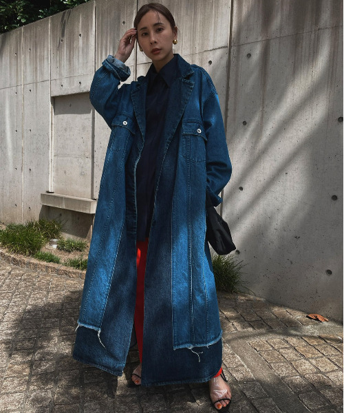 AMERI FAKE LAYERED DENIM LONG COAT extra long denim jacket coat 