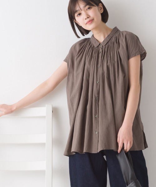オネット リネン フレンチスリーブブラウス 麻 黒 re0 OMNES（オムネス）の「リネンコットンボイルフレンチスリーブ