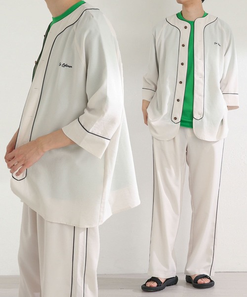 SENSE OF PLACE by URBAN RESEARCH(センスオブプレイスバイアーバンリサーチ)の「『セットアップ対応』リネンライクベースボールシャツ(5分袖)(シャツ/ブラウス・メンズ・アイボリー/チャコールグレー/グリーン・MEDIUM/LARGE)」の4枚目の写真