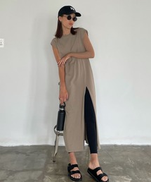 肩タック ノースリーブ ロング丈 スリットワンピース
