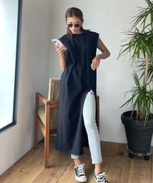 肩タック ノースリーブ ロング丈 スリットワンピース