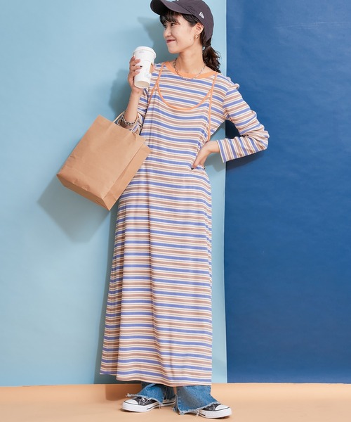 HELLO.SANFRANCISCO(ハローサンフランシスコ)の「【HELLO.SANFRANCISCO】ロンTEE付きボーダーキャミワンピ(ワンピース・レディース・レッド/オレンジ/ブルー/グリーン・ONE SIZE)」の4枚目の写真