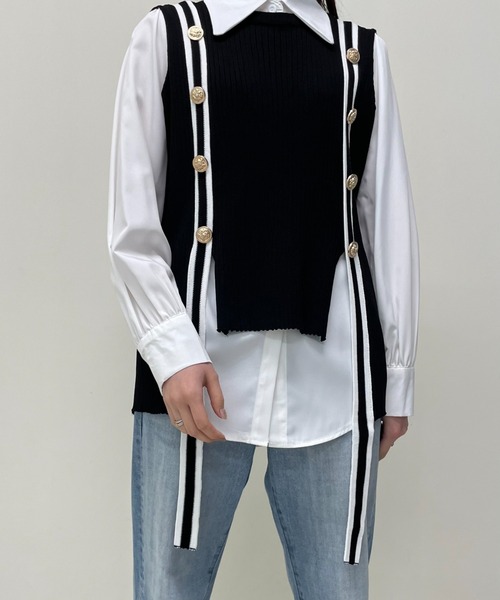 DOLLUPOOPS(ドールアップウップス)の「ライン配色ベスト×シャツ(Tシャツ/カットソー・レディース・ブラック/グリーン/ネイビー・38)」の2枚目の写真