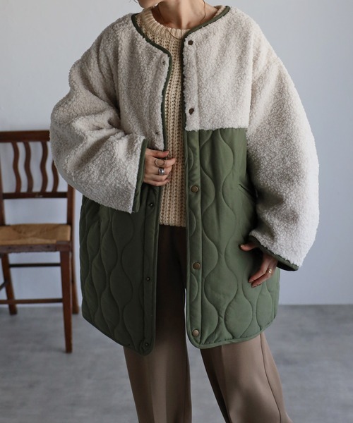 r.（アールドット）の「マットタフタ×ボア切替 キルティング ミドルコート（ノーカラーコート・レディース・ベージュ/ブラック/アイボリー/オリーブ/カーキ/ライトベージュ・FREE）」の5枚目の写真