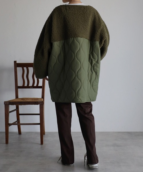 r.（アールドット）の「マットタフタ×ボア切替 キルティング ミドルコート（ノーカラーコート・レディース・ベージュ/ブラック/アイボリー/オリーブ/カーキ/ライトベージュ・FREE）」の11枚目の写真