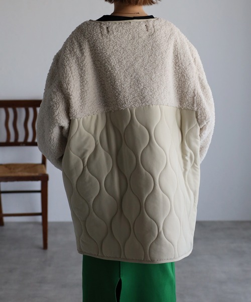 r.（アールドット）の「マットタフタ×ボア切替 キルティング ミドルコート（ノーカラーコート・レディース・ベージュ/ブラック/アイボリー/オリーブ/カーキ/ライトベージュ・FREE）」の13枚目の写真