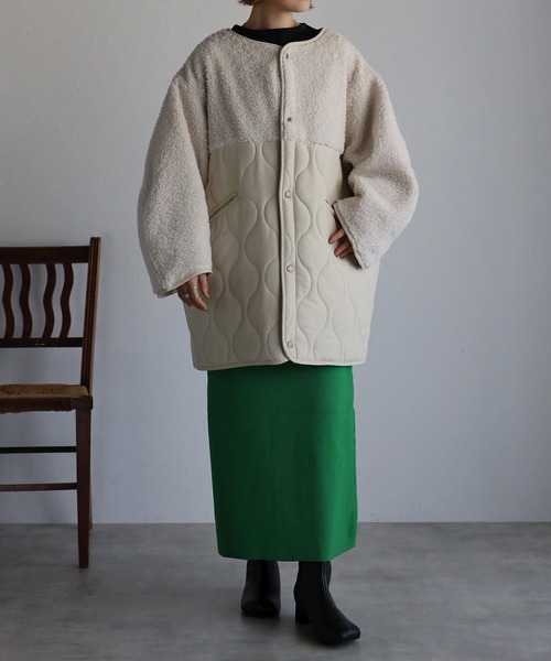 r.（アールドット）の「マットタフタ×ボア切替 キルティング ミドルコート（ノーカラーコート・レディース・ベージュ/ブラック/アイボリー/オリーブ/カーキ/ライトベージュ・FREE）」の14枚目の写真