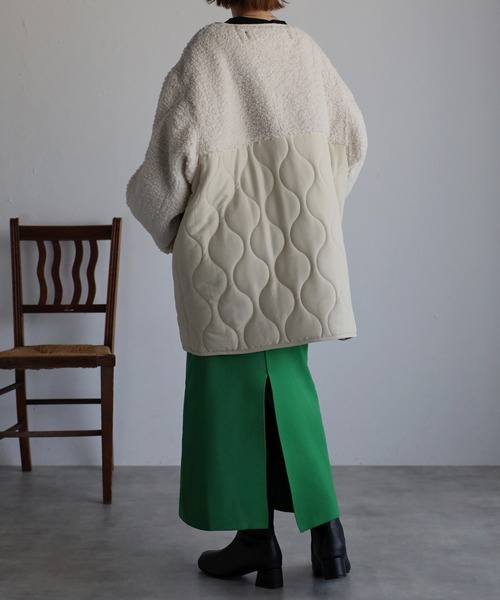 r.（アールドット）の「マットタフタ×ボア切替 キルティング ミドルコート（ノーカラーコート・レディース・ベージュ/ブラック/アイボリー/オリーブ/カーキ/ライトベージュ・FREE）」の16枚目の写真