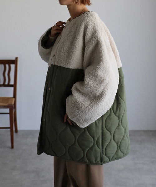 r.（アールドット）の「マットタフタ×ボア切替 キルティング ミドルコート（ノーカラーコート・レディース・ベージュ/ブラック/アイボリー/オリーブ/カーキ/ライトベージュ・FREE）」の17枚目の写真