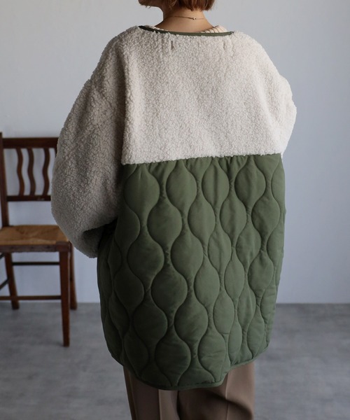 r.（アールドット）の「マットタフタ×ボア切替 キルティング ミドルコート（ノーカラーコート・レディース・ベージュ/ブラック/アイボリー/オリーブ/カーキ/ライトベージュ・FREE）」の18枚目の写真