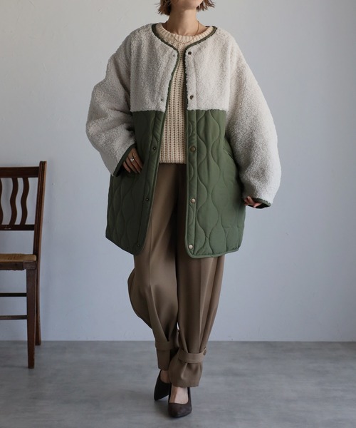 r.（アールドット）の「マットタフタ×ボア切替 キルティング ミドルコート（ノーカラーコート・レディース・ベージュ/ブラック/アイボリー/オリーブ/カーキ/ライトベージュ・FREE）」の19枚目の写真