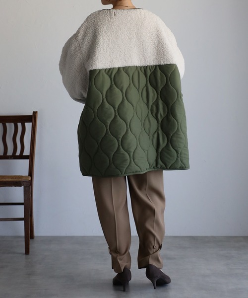 r.（アールドット）の「マットタフタ×ボア切替 キルティング ミドルコート（ノーカラーコート・レディース・ベージュ/ブラック/アイボリー/オリーブ/カーキ/ライトベージュ・FREE）」の21枚目の写真