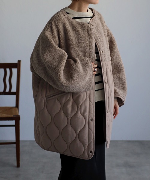 r.（アールドット）の「マットタフタ×ボア切替 キルティング ミドルコート（ノーカラーコート・レディース・ベージュ/ブラック/アイボリー/オリーブ/カーキ/ライトベージュ・FREE）」の22枚目の写真