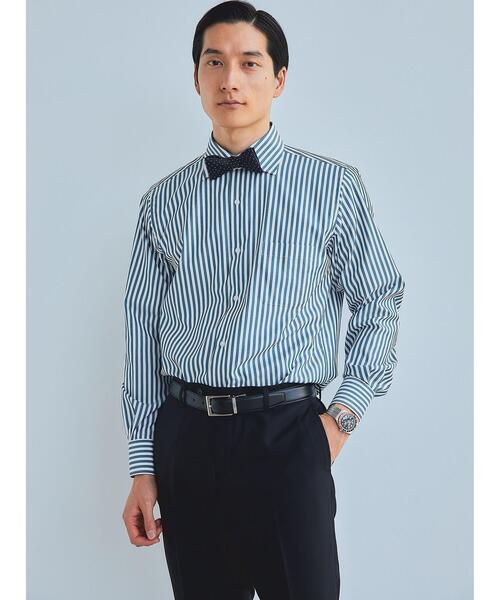 green label relaxing(グリーンレーベルリラクシング)の「コットン ストライプ スタンダード ワイドカラー ドレスシャツ -イージーアイロン-(ビジネスシャツ・メンズ・ライトブルー/ダークグリーン・39cm/40cm/42cm/43cm/38cm/37cm/41cm)」の2枚目の写真
