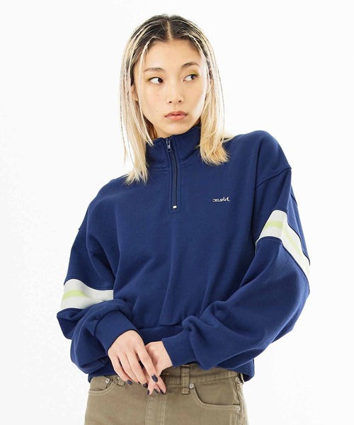 X-girl(エックスガール)の「STRIPED SLEEVE SHORT ANORAK(スウェット・レディース・ネイビー/ブラック/ホワイト・S/M)」の3枚目の写真