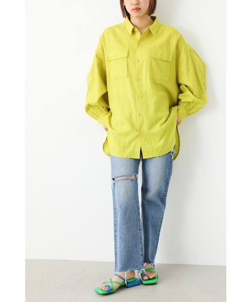 RODEO CROWNS WIDE BOWL（ロデオクラウンズワイドボウル）の「フラップポケットリネンシャツ（シャツ/ブラウス・レディース・ネイビー/アイボリー/ピンク/ライム・FREE）」の10枚目の写真