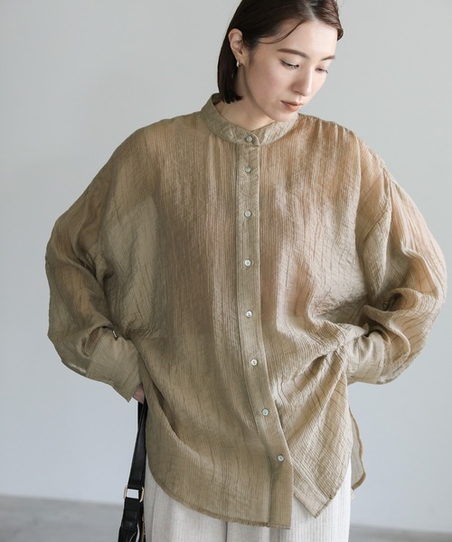 select MOCA（セレクトモカ）の「クリンクルシアーバンドカラーオーバーシャツ（シャツ/ブラウス・レディース・ダークベージュ/ブラウン/ブラック・FREE）」の8枚目の写真