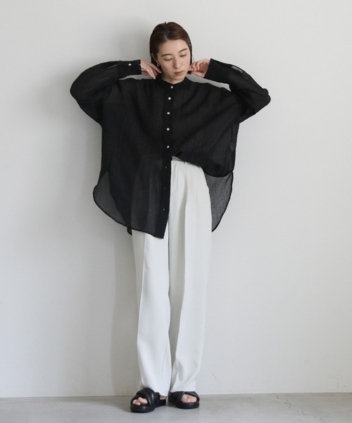 select MOCA（セレクトモカ）の「クリンクルシアーバンドカラーオーバーシャツ（シャツ/ブラウス・レディース・ダークベージュ/ブラウン/ブラック・FREE）」の6枚目の写真