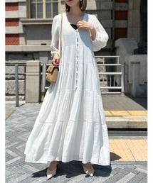 Re:EDIT | [SUMMER DRESS COLLECTION][低身長/高身長サイズ有]Vネックコットンライクバルーンスリーブティアードワンピース(シャツワンピース)