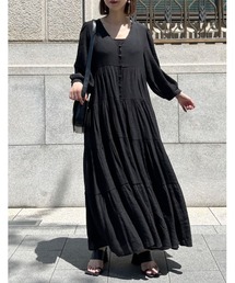 Re:EDIT | [SUMMER DRESS COLLECTION][低身長/高身長サイズ有]Vネックコットンライクバルーンスリーブティアードワンピース(シャツワンピース)