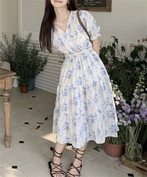 ウエストシャーリング ティアード花柄ワンピース