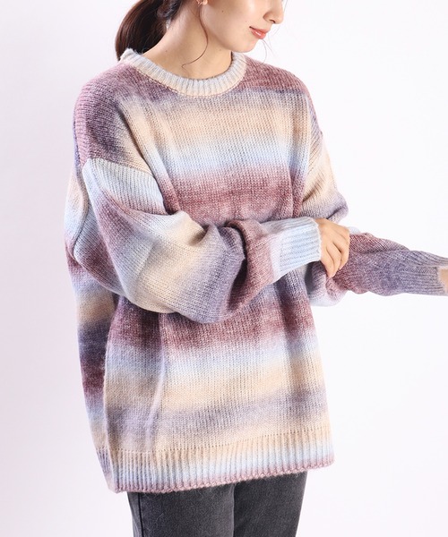 WESTSEA(ウエストシー)の「段染めヤーン天竺グラデボーダーオーバーサイズクルー(ニット/セーター・メンズ・ブラウン/グレー/ワイン/グリーン/ブルー/パープル系その他・M/L)」の1枚目の写真