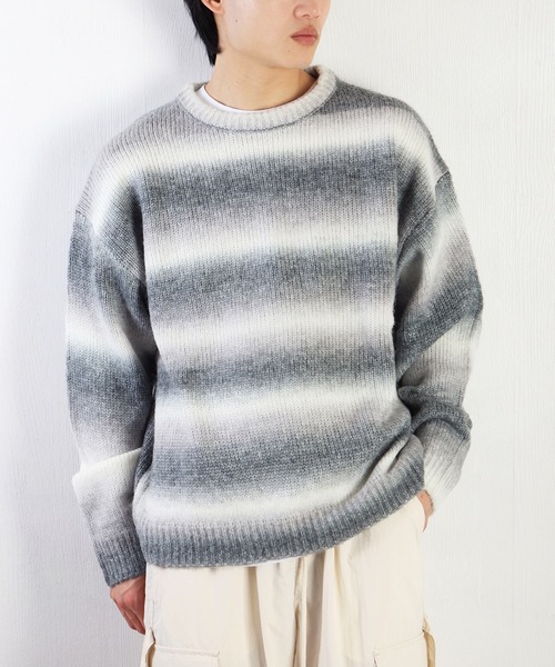 WESTSEA(ウエストシー)の「段染めヤーン天竺グラデボーダーオーバーサイズクルー(ニット/セーター・メンズ・ブラウン/グレー/ワイン/グリーン/ブルー/パープル系その他・M/L)」の2枚目の写真
