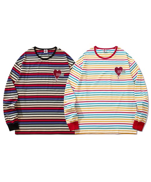 HOOK（フック）の「HOOK -original-　溶けるハート刺繍カラフルボーダー長袖tシャツ（Tシャツ/カットソー・メンズ・ブラック/ホワイト・M/L/XL）」の3枚目の写真