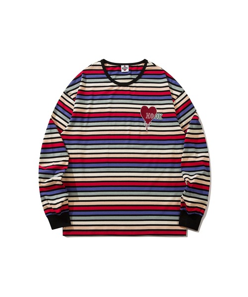 HOOK（フック）の「HOOK -original-　溶けるハート刺繍カラフルボーダー長袖tシャツ（Tシャツ/カットソー・メンズ・ブラック/ホワイト・M/L/XL）」の12枚目の写真
