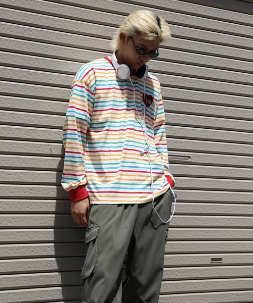 HOOK（フック）の「HOOK -original-　溶けるハート刺繍カラフルボーダー長袖tシャツ（Tシャツ/カットソー・メンズ・ブラック/ホワイト・M/L/XL）」の15枚目の写真