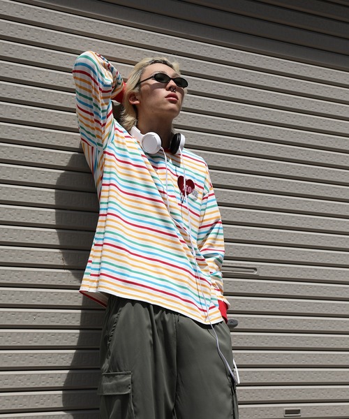 HOOK（フック）の「HOOK -original-　溶けるハート刺繍カラフルボーダー長袖tシャツ（Tシャツ/カットソー・メンズ・ブラック/ホワイト・M/L/XL）」の16枚目の写真