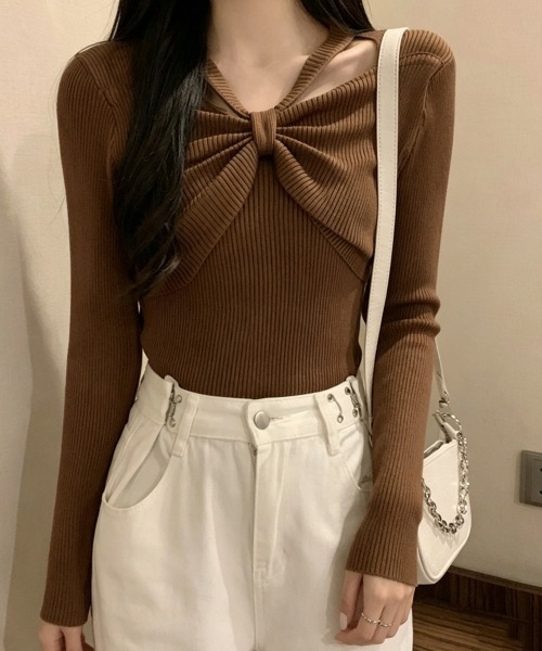 Miniministore(ミニミニストア)の「フロントリボンリブニットトップス大人秋服(ニット/セーター・レディース・ブラック/ライトベージュ/ホワイト/ブラウン/グレー/アイボリー・FREE)」の5枚目の写真